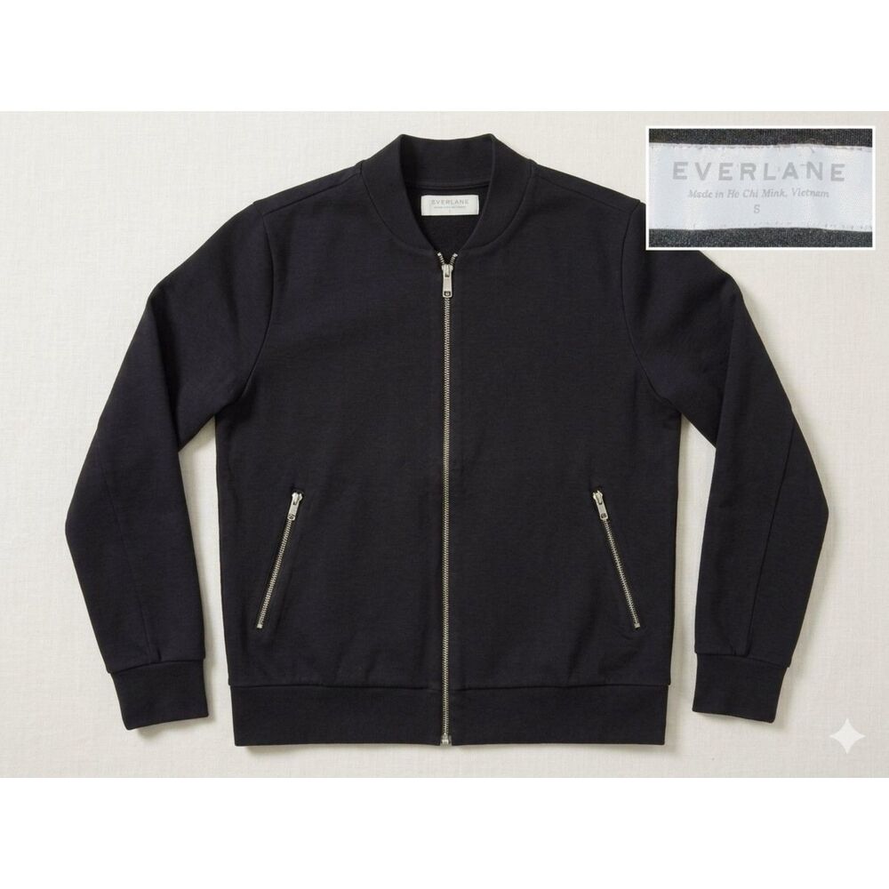 Everlane Black Full Zip Bomber Jacket Sweatshirt Small S Heavy Knit Ribbed